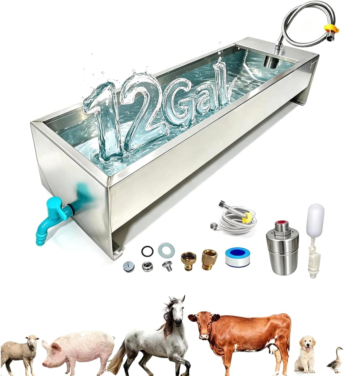 Automatic Livestock Water Trough Animal Stainless Steel Larger Automatic Waterer with Float Valve Kit for Goat Cattle Horse Hog Pigs Dog Water Dispenser Outdoor, 39.5″*11.8″*7.8″,12 Gallons