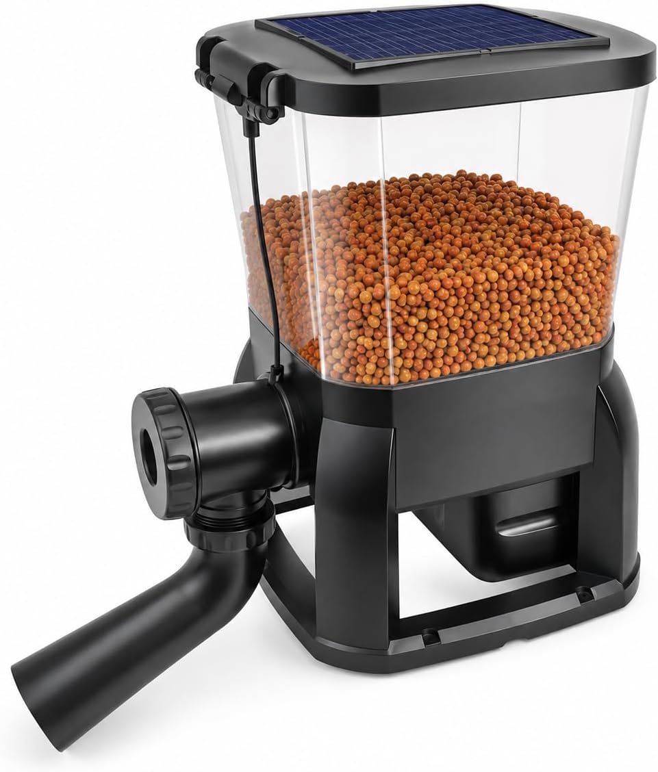 Solar Automatic Fish Feeder for Pond with 6L Large Capacity and Rechargeable Battery Powered by Solar Panel for Koi Aquarium with Programmable Timer Feeding System