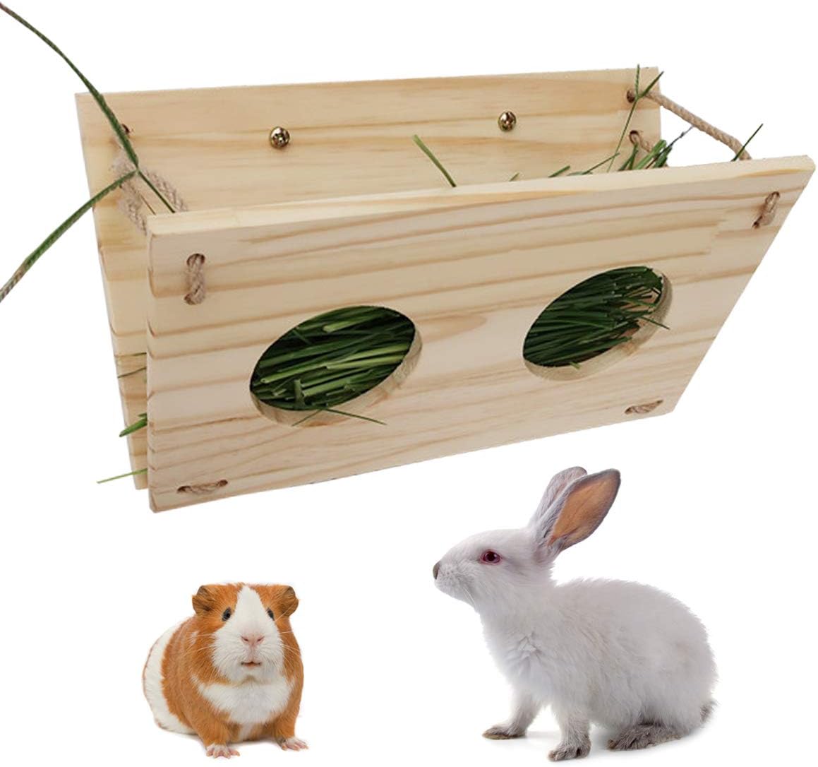 Rabbit Wooden Hay Rack Multi-Functional Manger Grass Holder for Small Pets Bunny Chinchilla Guinea Pigs (Hay Rack-B)
