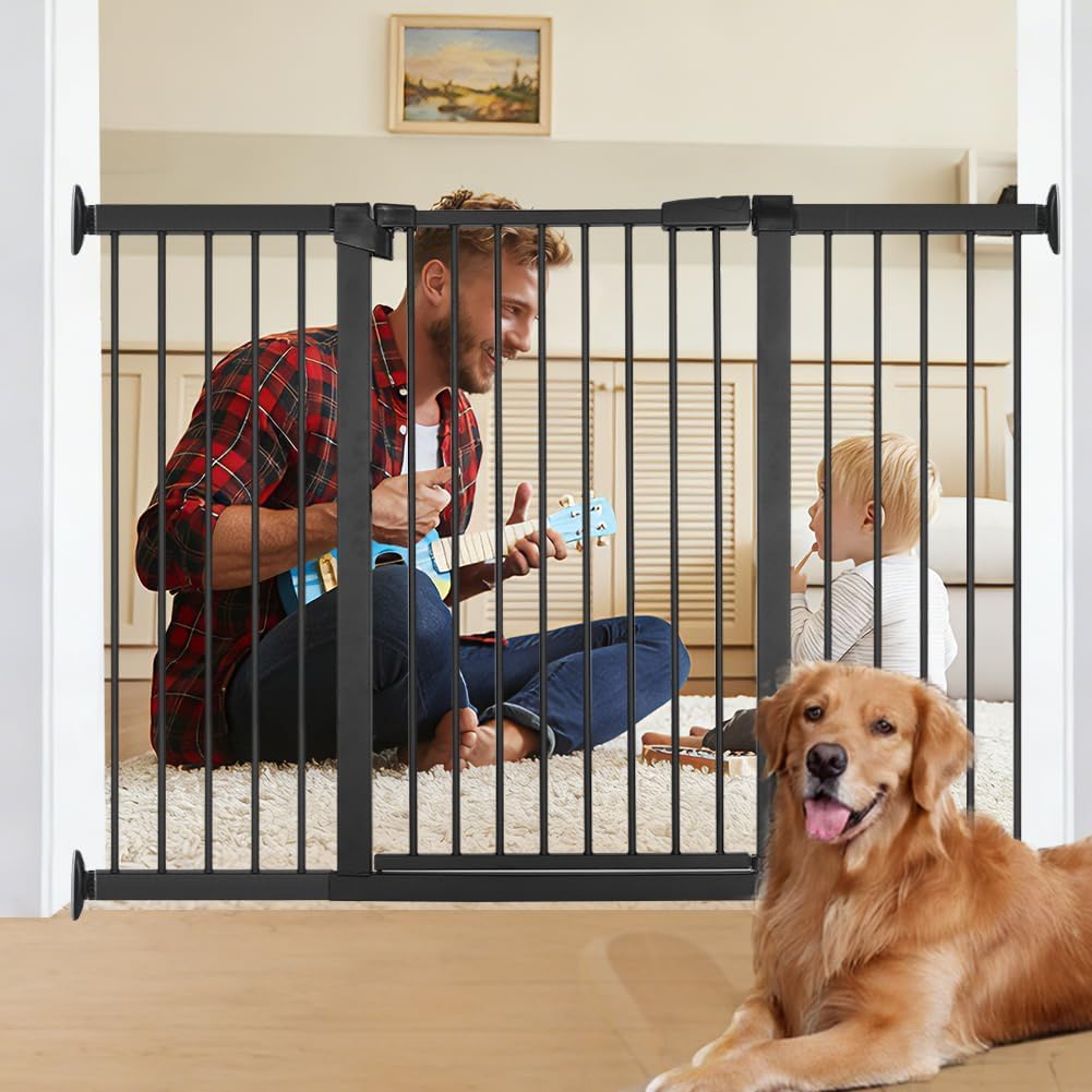 54.7″-60.2″ Extra Wide Baby Gate for Doorways Hallways, 30 in Tall Dog Gates with Door No Drill, Auto Close Child Safety Gate for Pet Kid Doggie Cat Proof, Large Long Dog Barrier Indoor House, Black