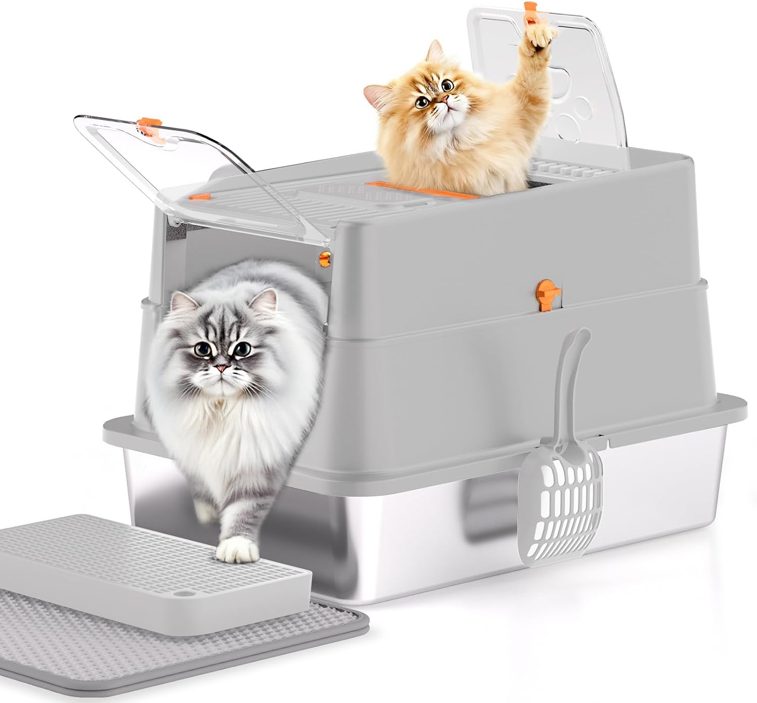 Stainless Steel Litter Box with Lid, XL Enclosed Cat Litter Box for Big Cats, Easy to Clean High Sided Metal Kitty, Front & Top Entry, Scoop, Mat& Foot Pedal – Grey