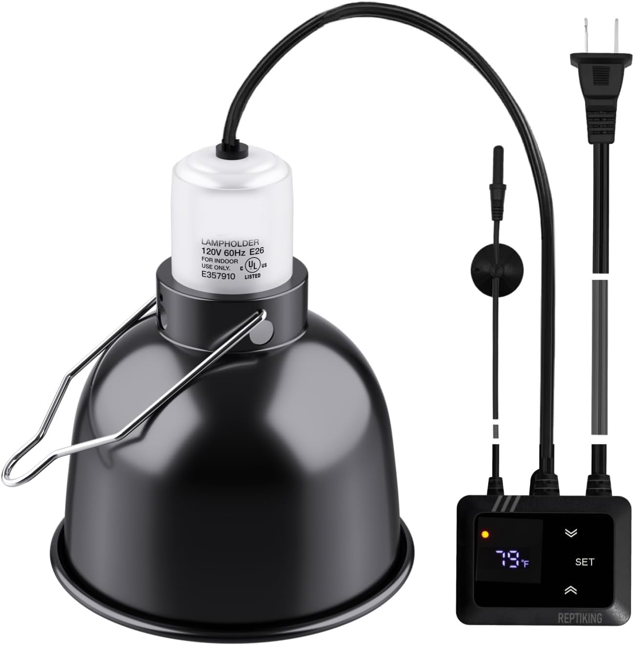 Reptile 5.5” Light Fixture with PID Thermostat – Digital Dimming Thermostat, Ceramic Socket, Temperature Control for Reptile Heat Lamp Bulb & Ceramic Heat Emitter