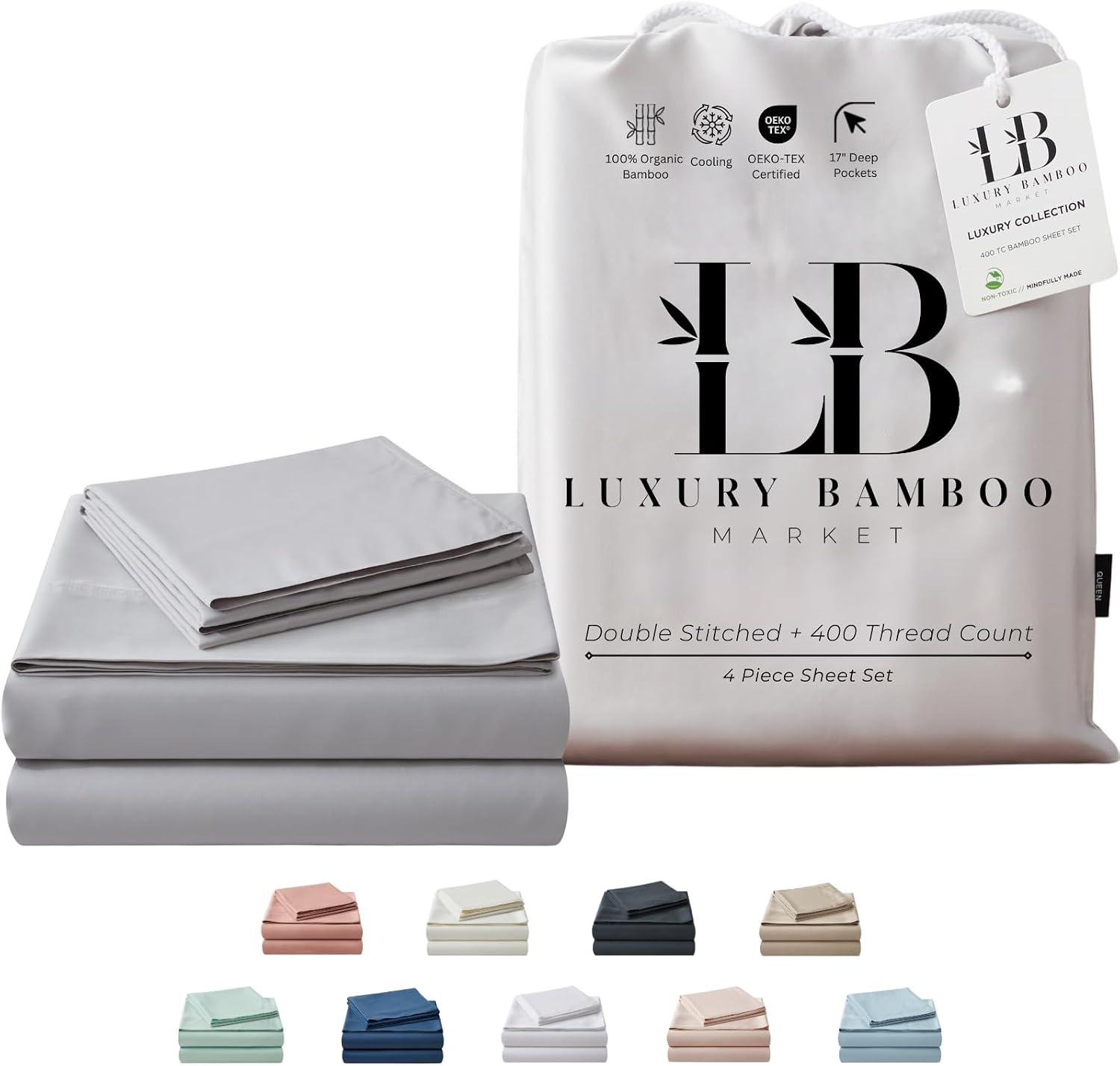 Full Size Sheet Set | 100% Viscose | Organically Grown | Ultra Soft | Cooling Sheets for Hot Sleepers | 17″ Deep Pocket [Dove Grey]