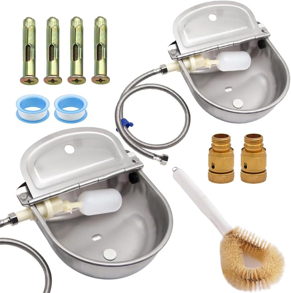 2-Pack Automatic Livestock Waterer, 304 Stainless Steel Auto Fill Drinking Bowl with Float Valve, Drainage Hole & Protective Baffle, Wall Mount or Floor Stand, for Dogs, Chickens, Horses, Goats, Pigs