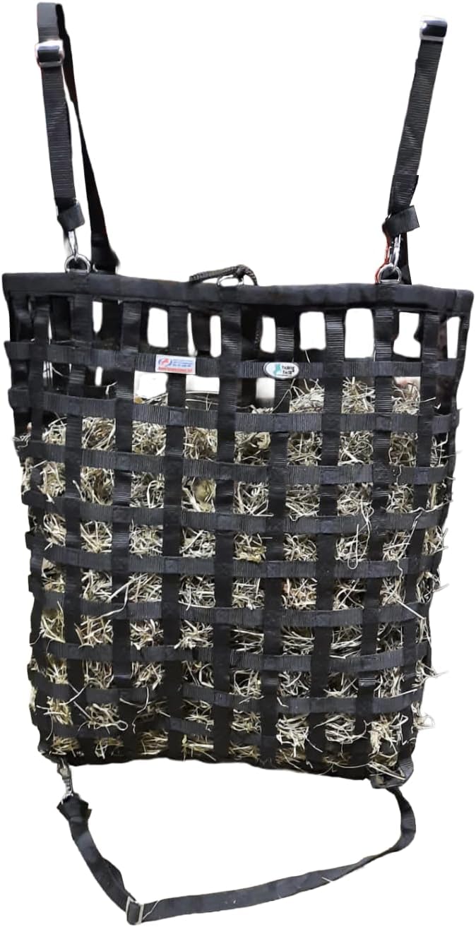Tahoe Tack Slow Feed Hay Bag for Horses – Patented Durable Nylon Hay Bag with 2″x2″ Mesh, Easy-Fill Top Ring, Tough Bottom for Trailer & Stall Feeding