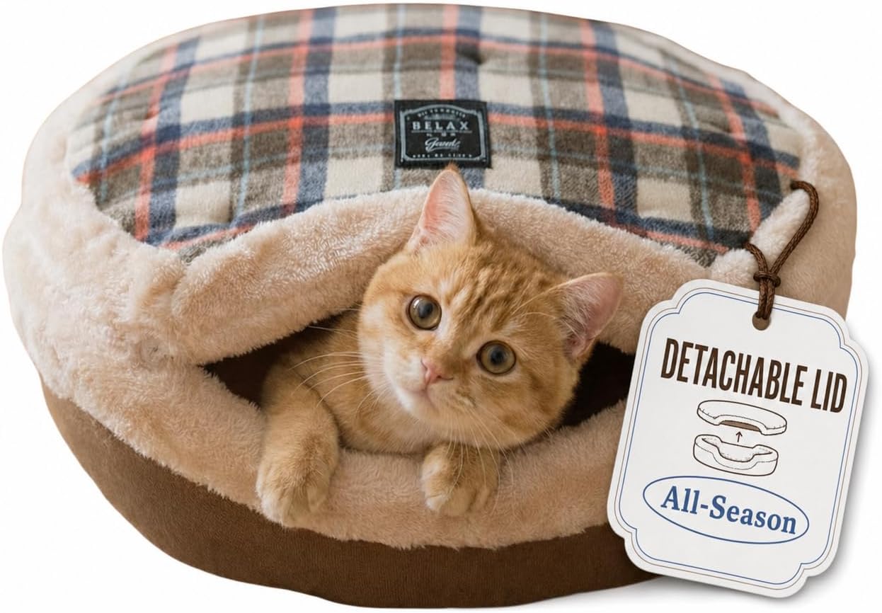 Cat Bed Cave – Enclosed Hideaway with Detachable Lid for Kitten (Brown)