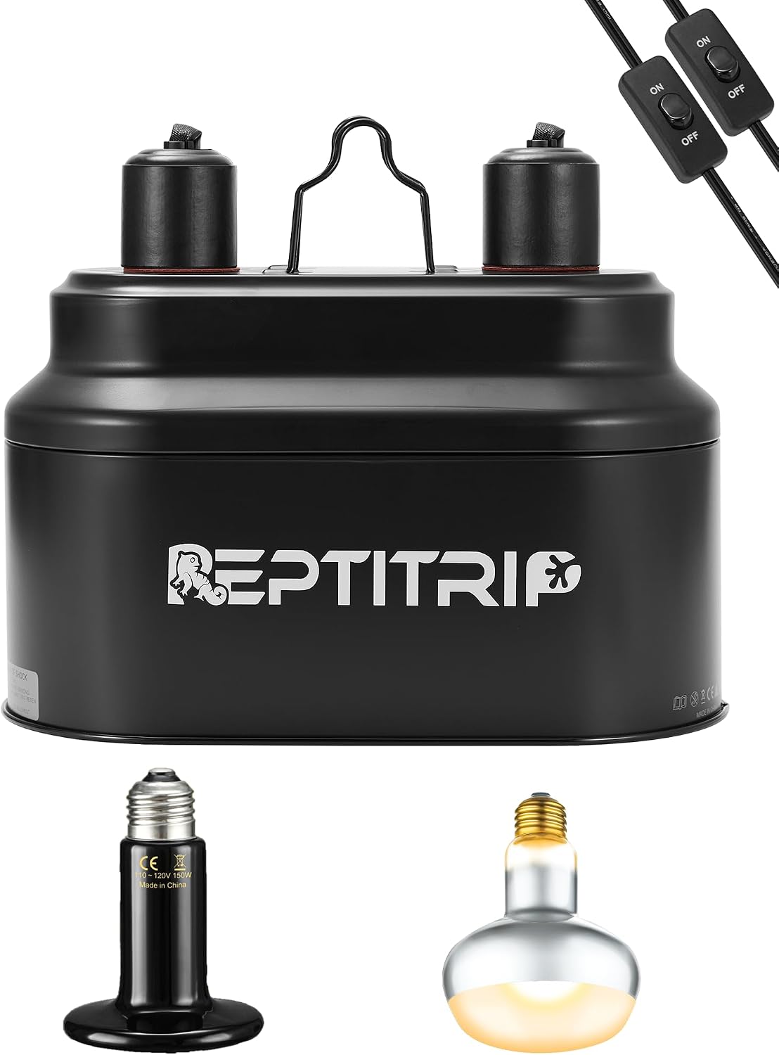 REPTITRIP Dual Reptile Light Fixture with 100W Daytime Heat Bulb & 100W Nighttime Ceramic Heat Emitter, 2 Independent Switches, Reptile Heat Lamp Combo Pack – No UVB