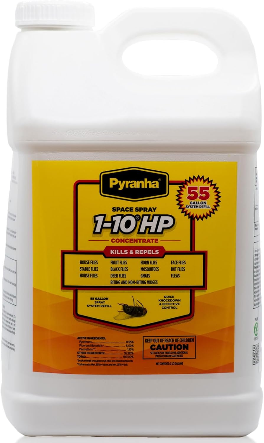PYRANHA 1-10 HP Concentrate Refill 2.5 Gallon for 55 Gal Automatic Spray Systems – Barn Indoor Fly Control | Repels Horn, Deer, Horse, Stable, & Face Flies, Midge