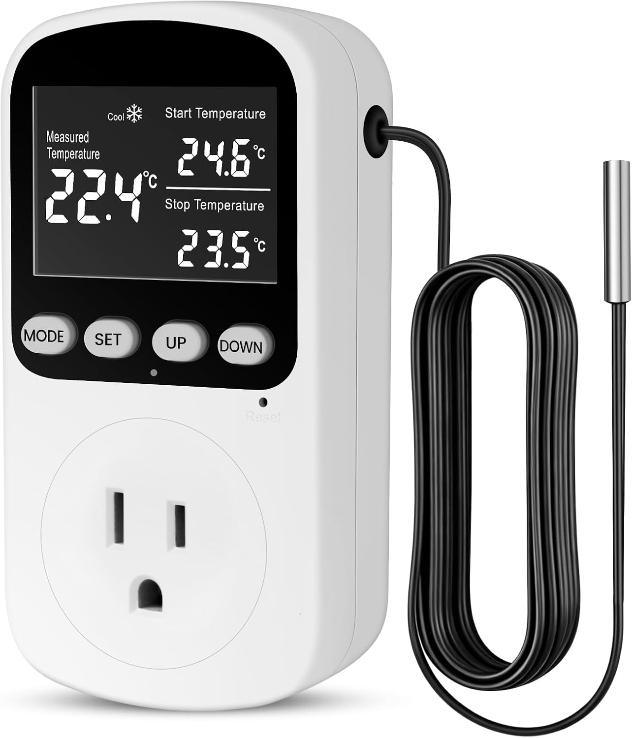 Digital Temperature Controller Outlet, Plug in Thermostat with Backlight, Heating Cooling Mode, Dual °F/°C Switchable Digital Thermostat for Home Greenhouse, Incubator, Reptile Tank