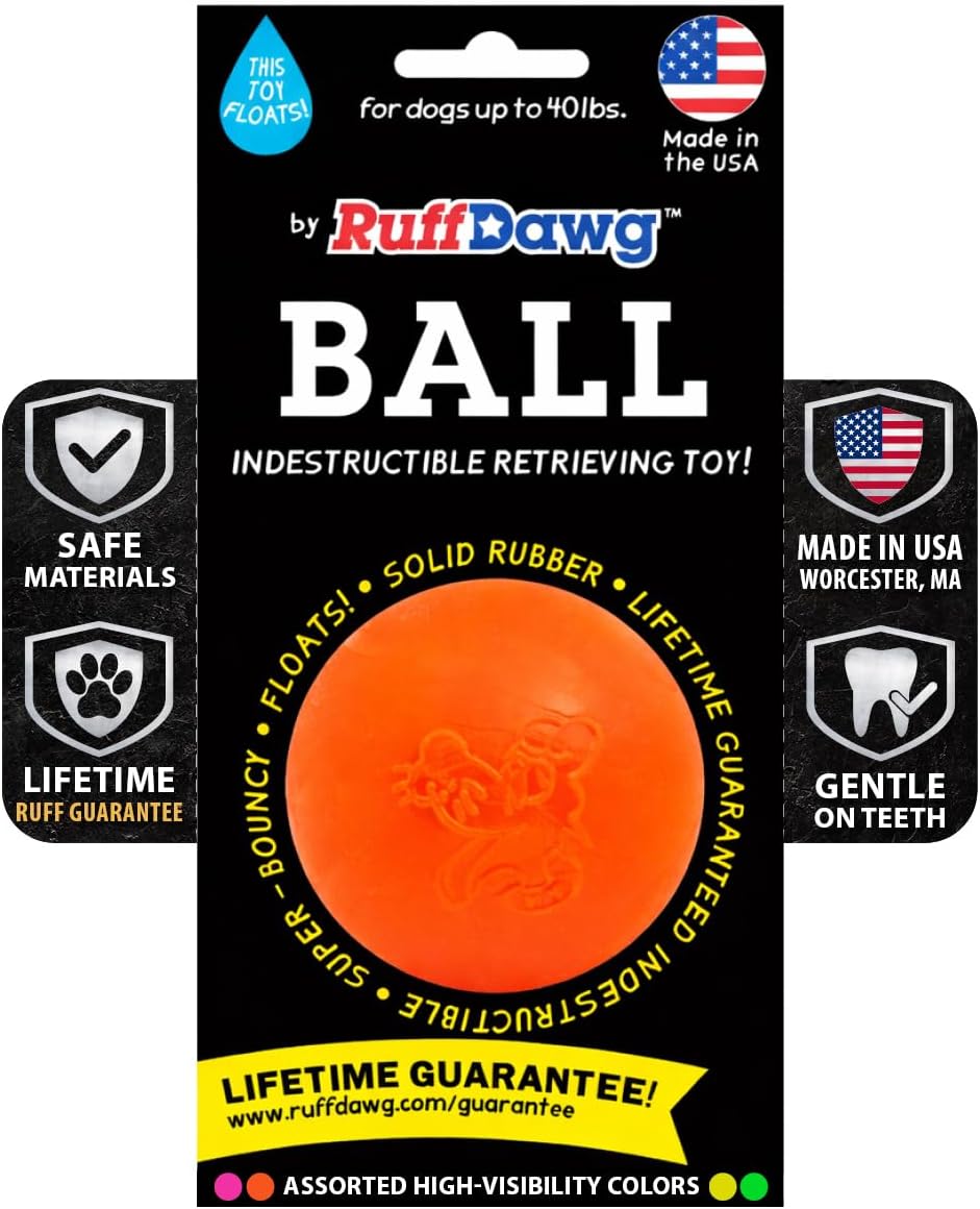 Ruff Dawg Indestructible Dog Ball Med 2.5” Orange – Heavy-Duty Rubber Fetch Toy for Aggressive Chewers – Extreme Bounce, Floats, BPA & Latex Free – Made in USA