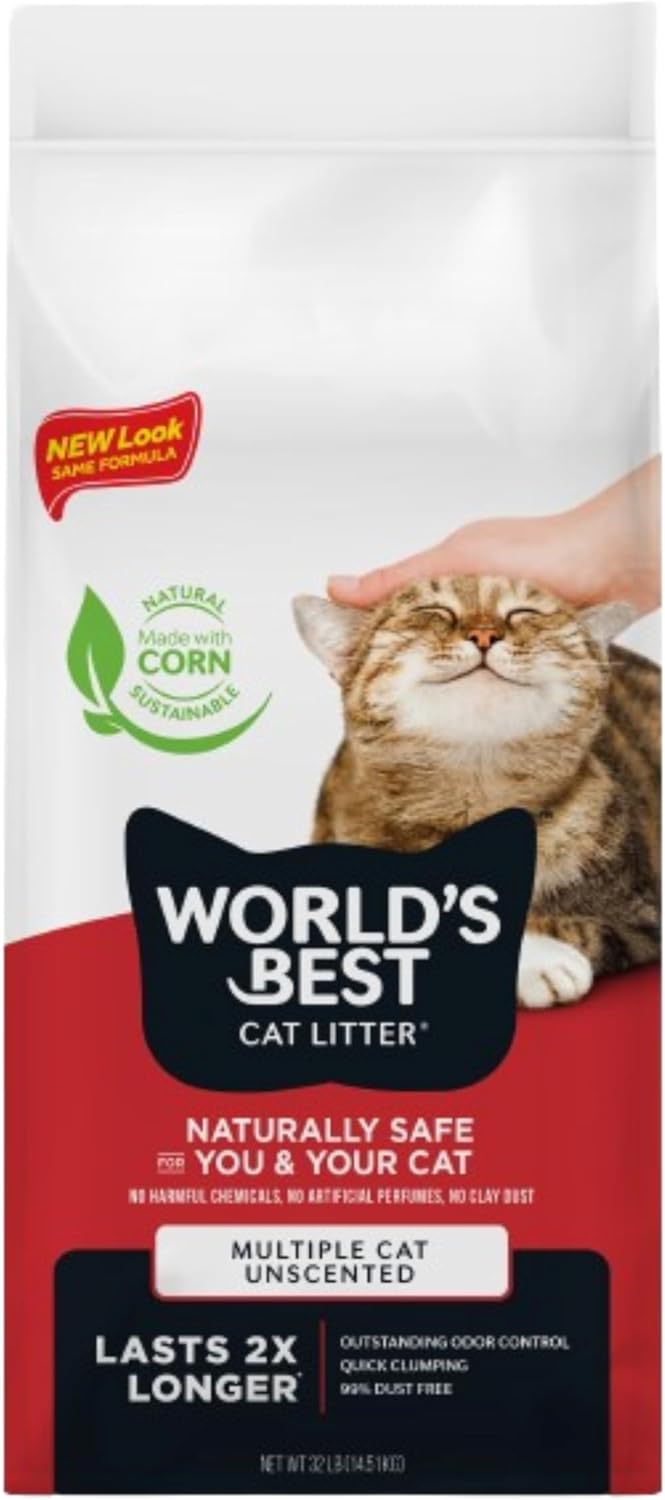 World’s Best Cat Litter Multiple Cat, Unscented, Odor Control, 32 lb Bag