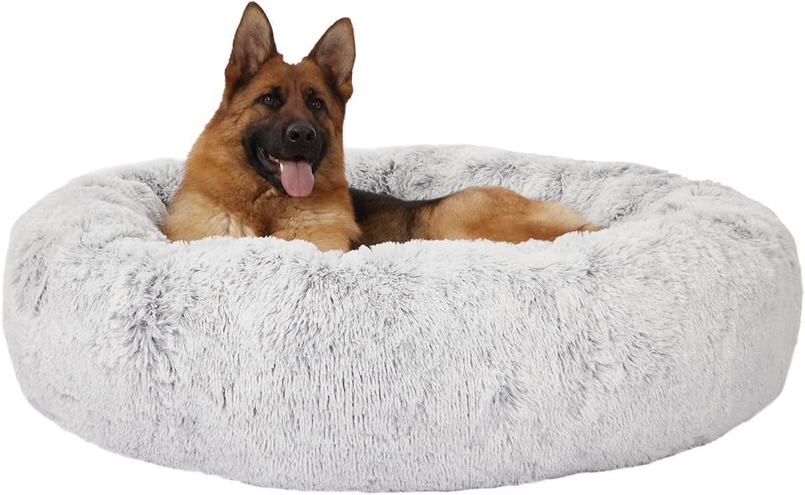Bedfolks Calming Fluffy Donut Dog Bed for X-Large Dogs,Light Grey,45″ Round