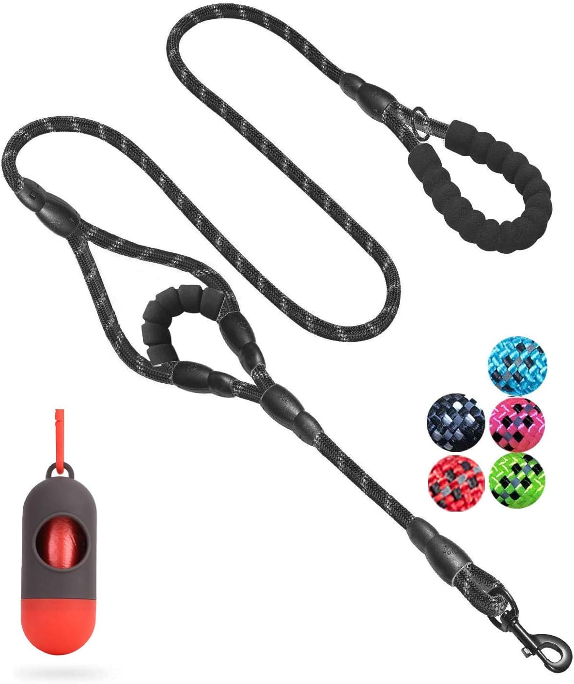 JSXD Heavy Duty Double Handle Dog Leash – 5 FT, Padded & Reflective, Rope for Small to Large Dogs (Black)