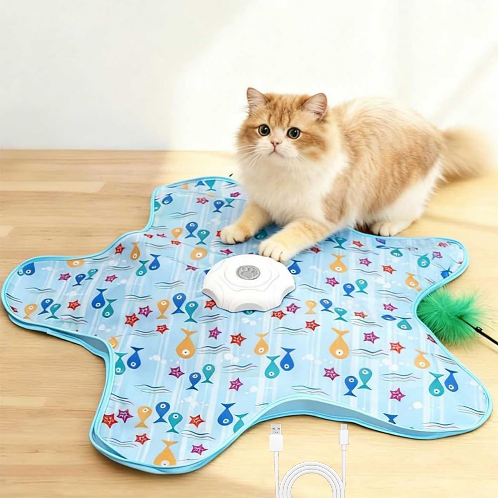 Rechargeable Automatic Cat Toy, 3-Mode Touch-Activated Interactive Toy with Random Motion, Concealed Feather & Squeaky Sound for Indoor Cats & Kittens (Blue)