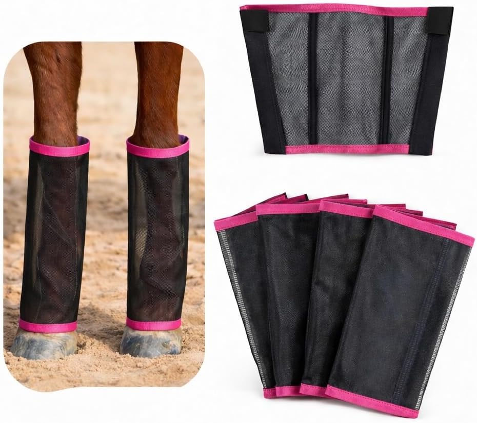 Fly Boots for Horse-Set of 4 Breathable Mesh Horse Fly Leg Guards, UV Protective Lightweight Fly Protection, Reduce Stomping & Insect Stress for Riding, Training, Pasture & Trail Riding (Pink)