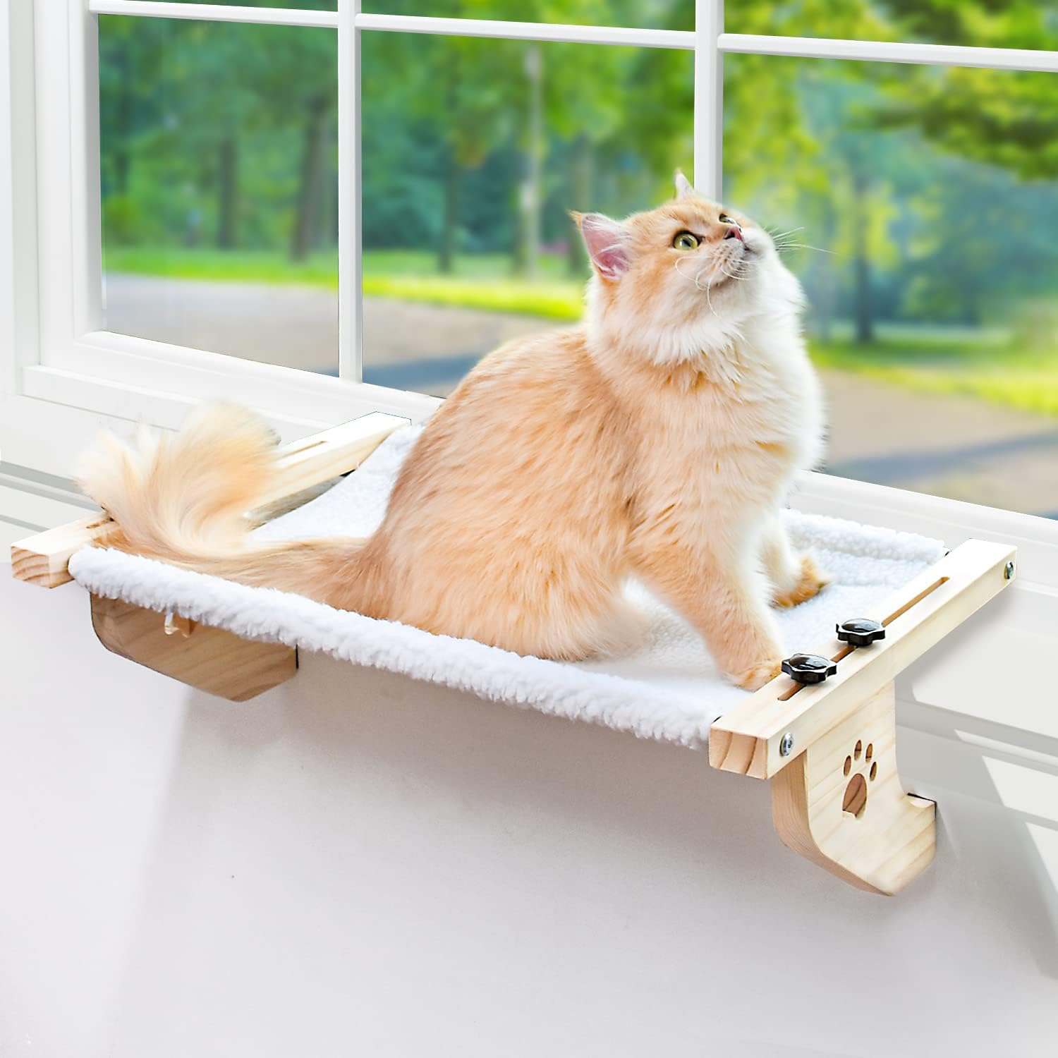 AMOSIJOY Cat Windowsill Perch with Wood & Metal Frame for Large Cat, 21.7in
