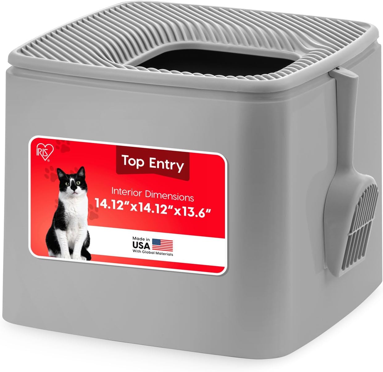 IRIS USA Cat Litter Box, Top Entry, Dog Proof, Covered, Scoop, Gray