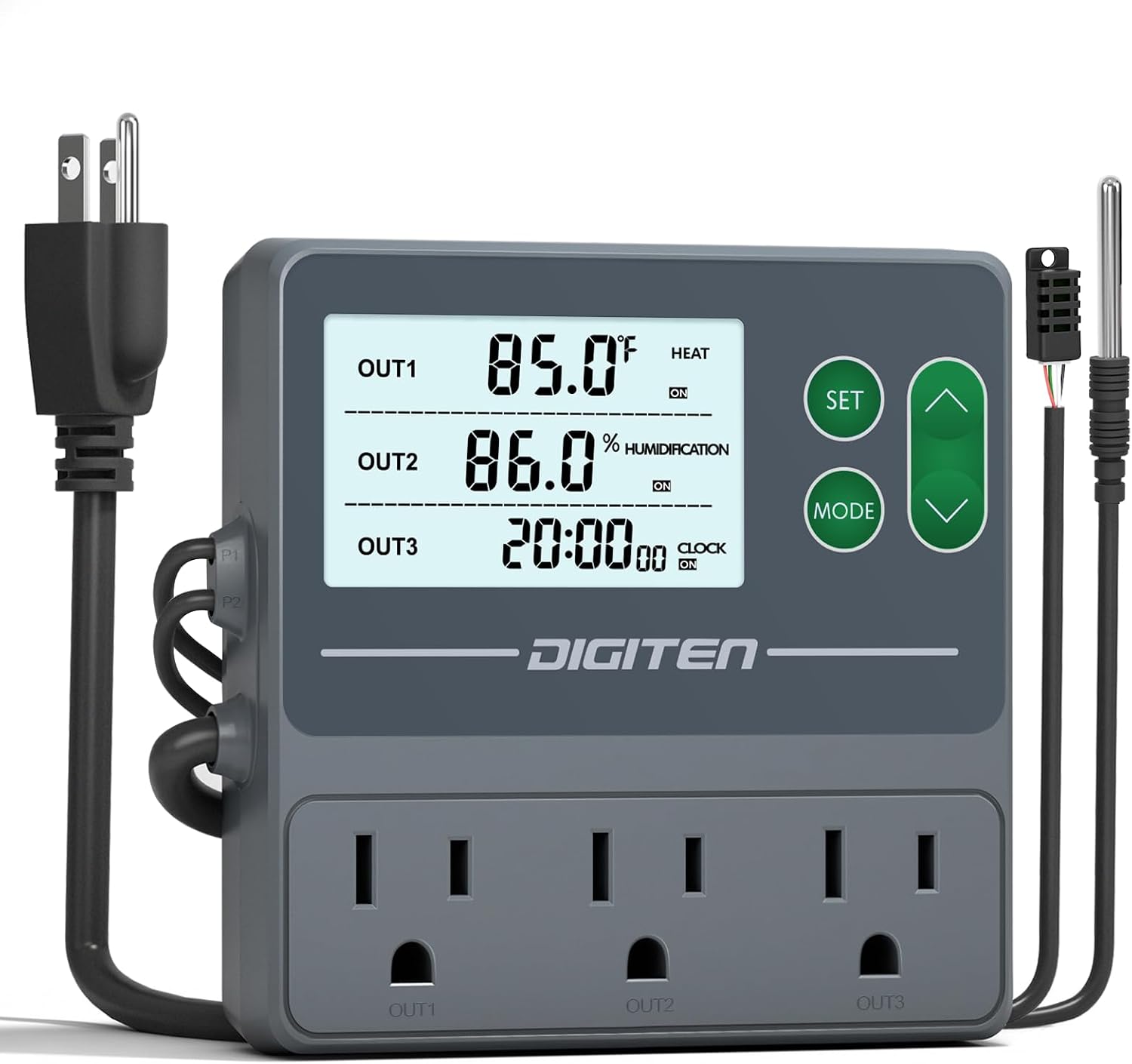 DIGITEN Temperature and Humidity Controller with Timer,3 Outlet Dual Probes