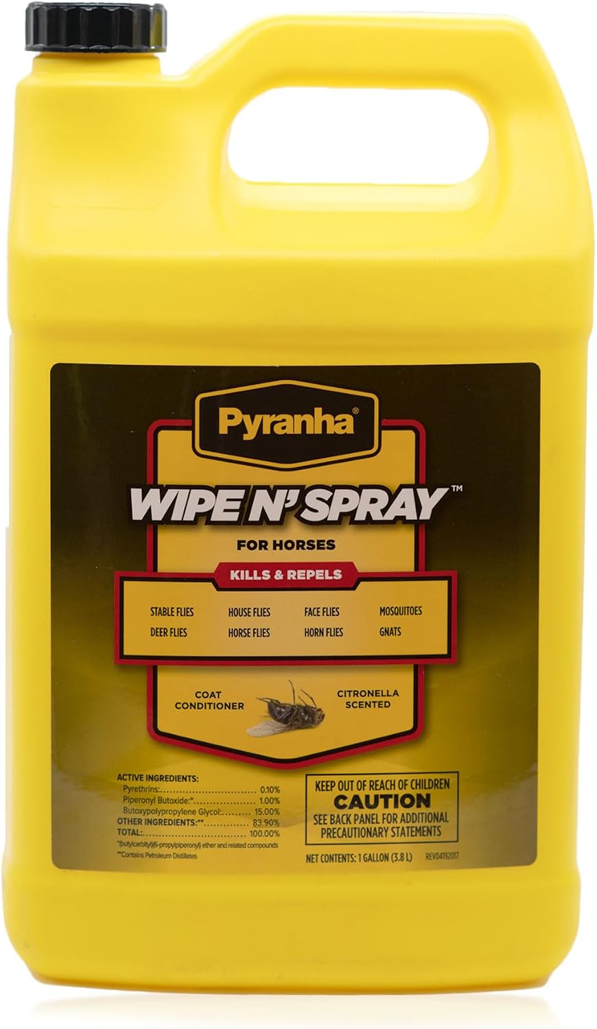 PYRANHA Wipe N’ Spray for Horses – Oil-Based Long Lasting Fly Control Repels Horn, Deer, Horse, House, Stable, & Face Flies, Ticks, Mites, Mosquitoes, Gnats & Lice, 1 Gallon