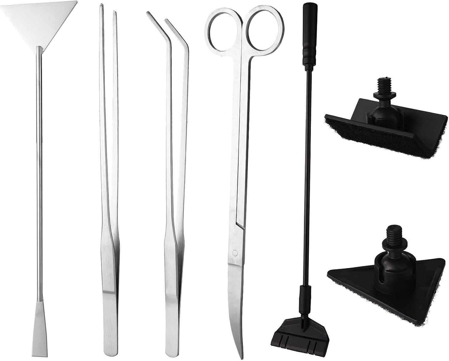 7 Pcs Aquarium Aquascape Tools Kit, Stainless Steel Aquatic Plant Aquascaping Set with Straight/Curved Long Tweezers Scissors Spatula Algae Scraper & 2 Replacement Heads Fish Tank Cleaning Kit