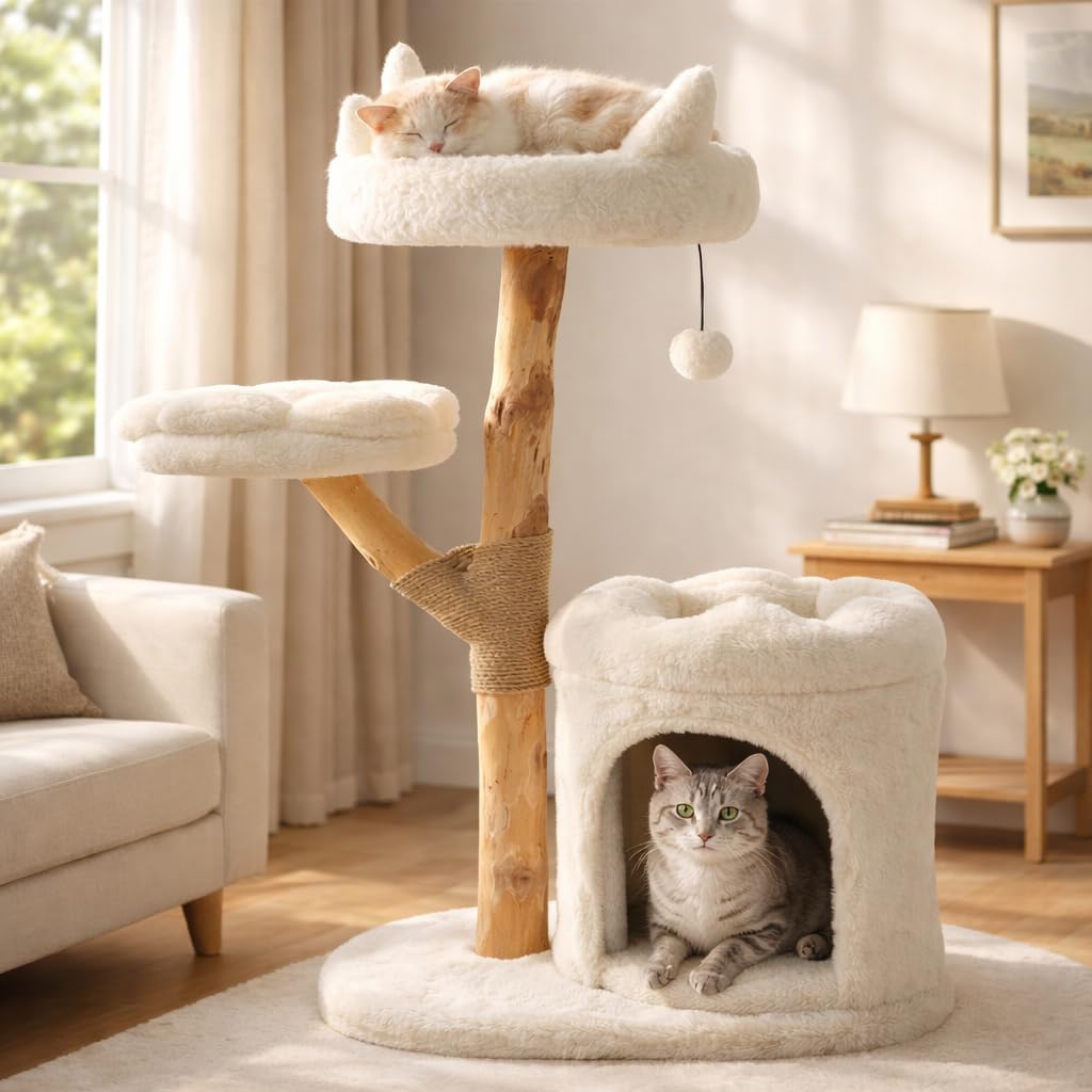 Real Wood Modern Cat Tower, Climbing Tower Cats Tree with Scratching Post and Ball, Cat Furniture with Flower Bed for 37.5″ Tall, Branch Luxury Condo for Indoor Wood Cats Large Adult Tree, Warm White