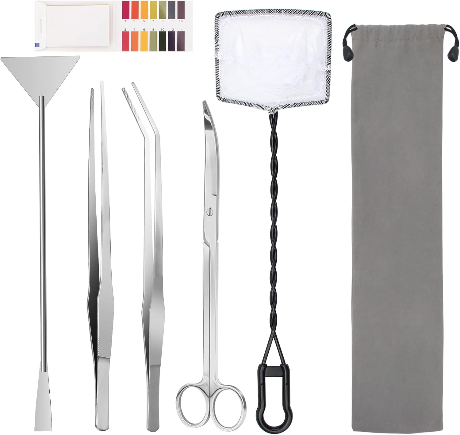 Luxiv Aquarium Aquascape Tools Kit, 6 in 1 A Aquatic Plant Aquascaping Tool Stainless Steel Tweezers Scissors Spatula for Aquarium Tank Clean Aquascape Tools with Fishing Net, 80P PH Paper
