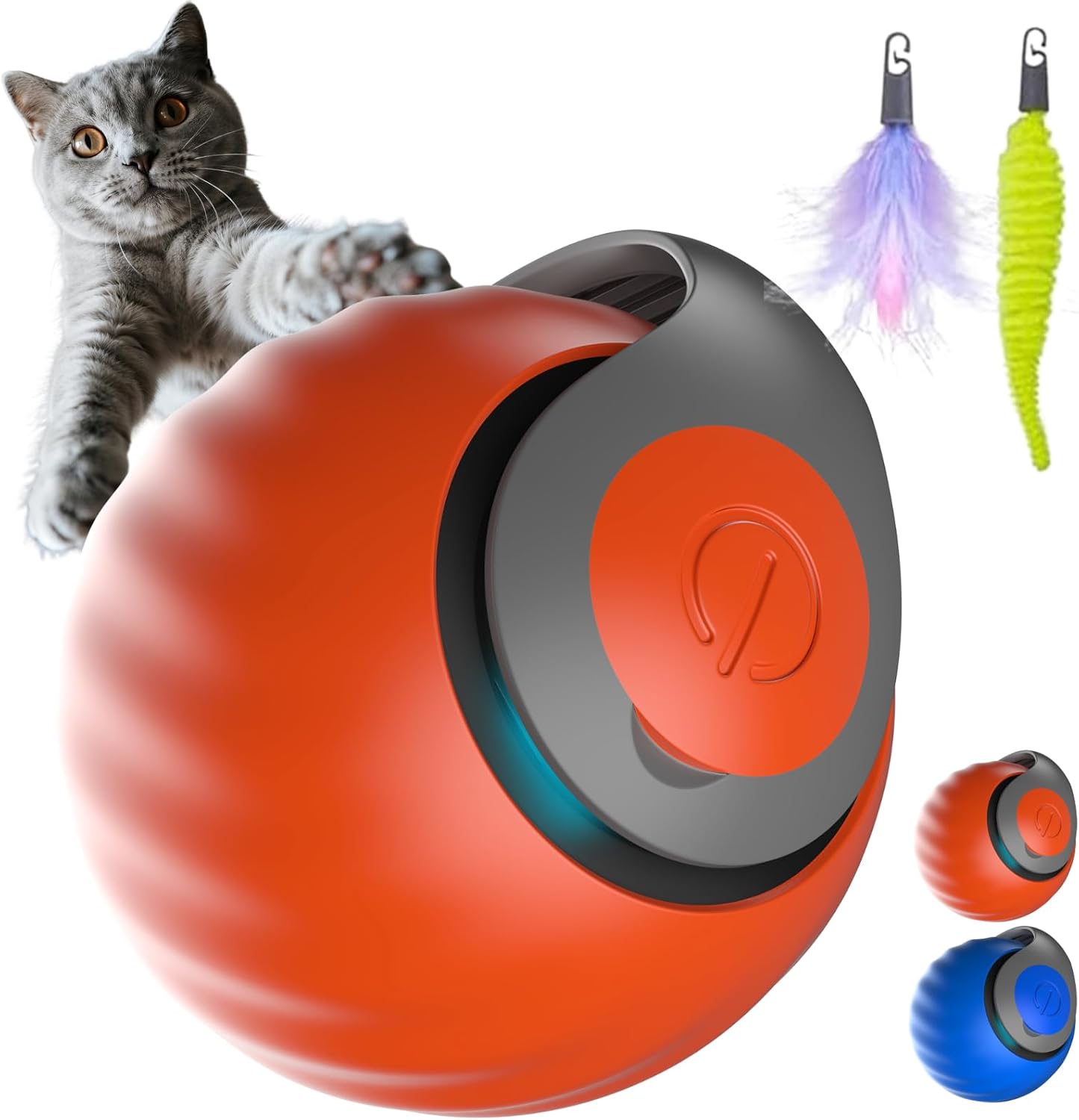 Interactive Cat Ball for Indoor Cats – Dual-Speed Automatic Rolling Ball Toy with 90Min Run Time, Plush + Feather Tails, Energetic Cat Chase Exercise, Blue/Orange, 1PC