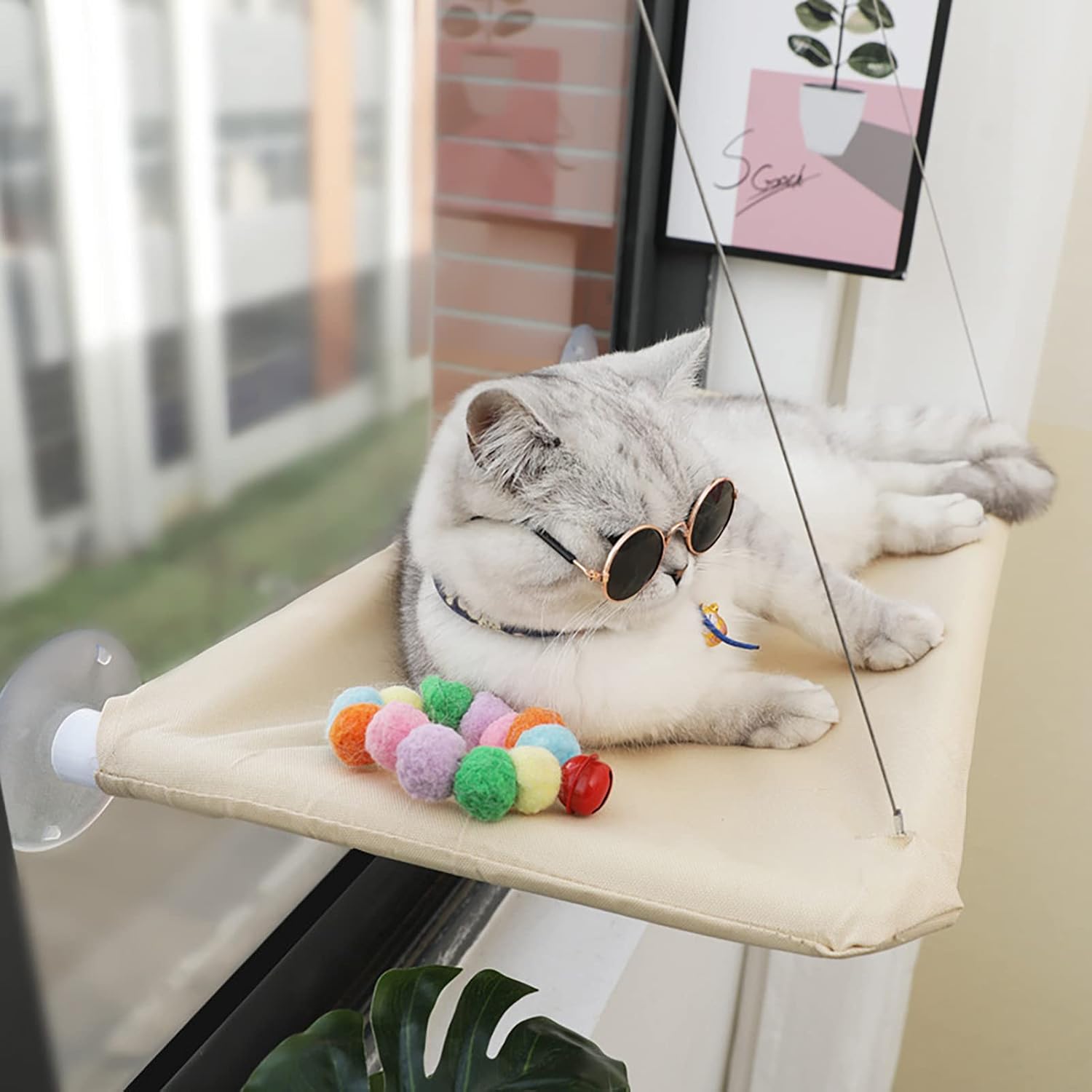 Khaki Cat Window Hammock Perch Cat Safety Sunny Bed with Durable Heavy Duty
