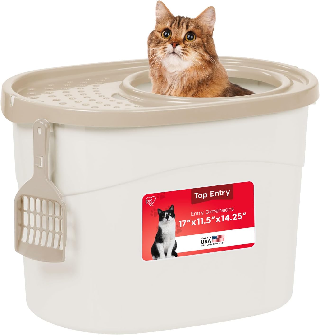 IRIS USA Top Entry Cat Litter Box, Hooded Privacy, Large, Beige