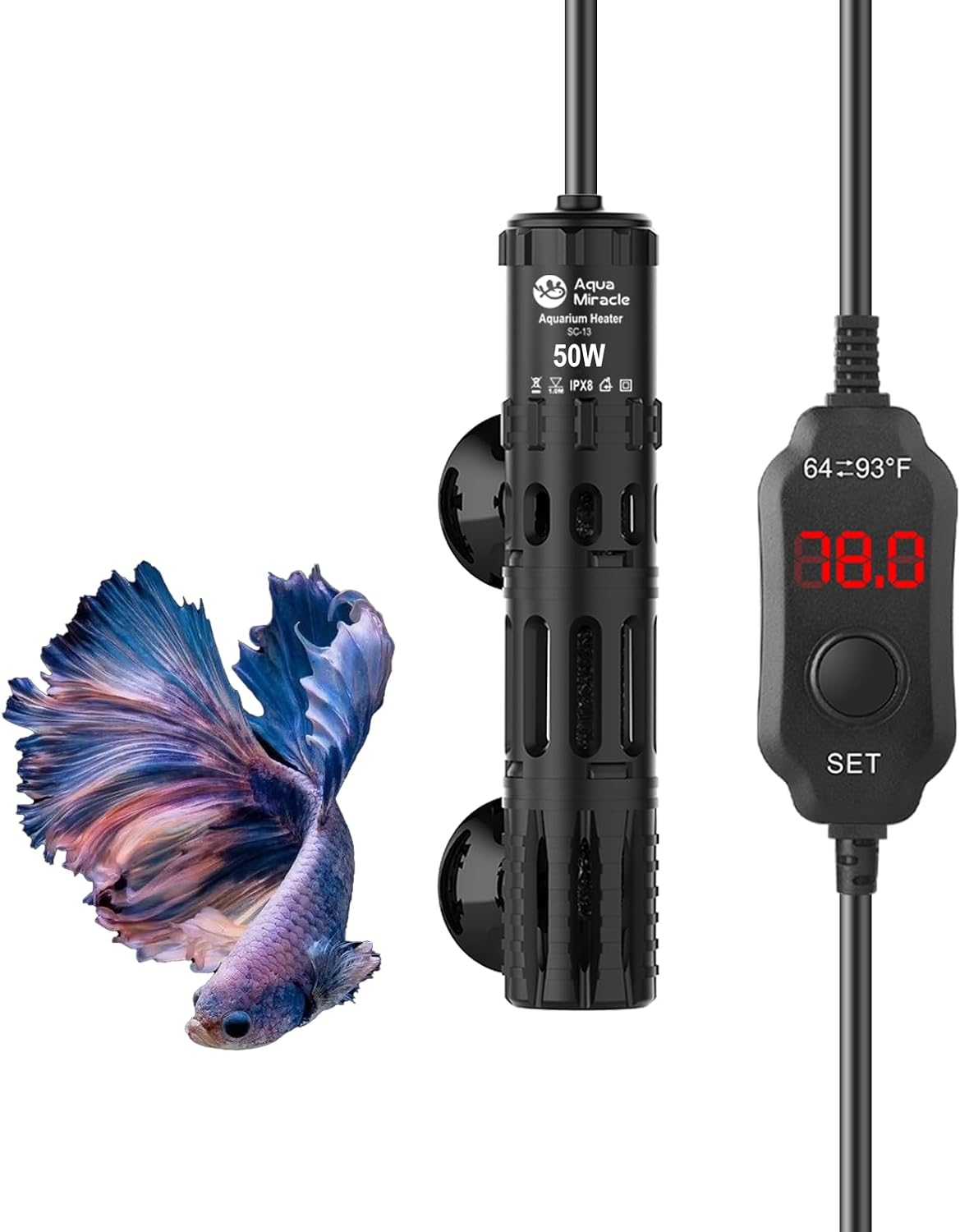 AquaMiracle Submersible Aquarium Heater, 50W Fish Tank Heaters with LED Digital Temp Display, Dry-Run Auto Power-Off & Overheat Protection, for Freshwater and Saltwater Tanks (5-10 Gal)