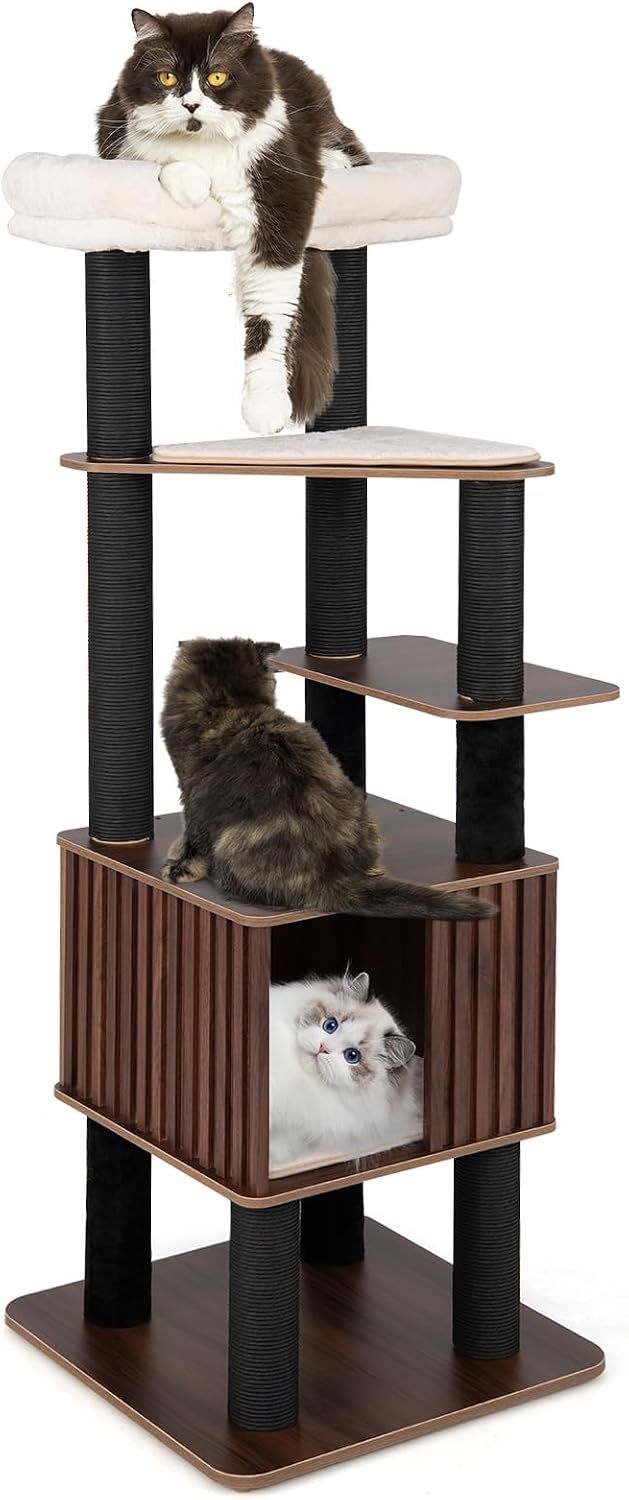 PETSITE 64-inch Wooden Cat Tree, Multi-Level Modern Cat Tower with Scratching Posts, Spacious Condo with Top Cat Hole and Removable Soft Pad, Comfy Padded Top Perch, and Dangling Ball