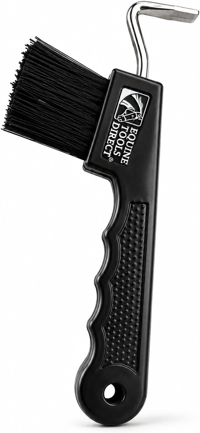 Horse Hoof Pick with Brush, Soft Touch Ergonomic Black Handle, Durable Hoof Cleaning Tool for Horses, Ponies & Farrier Hoof Care