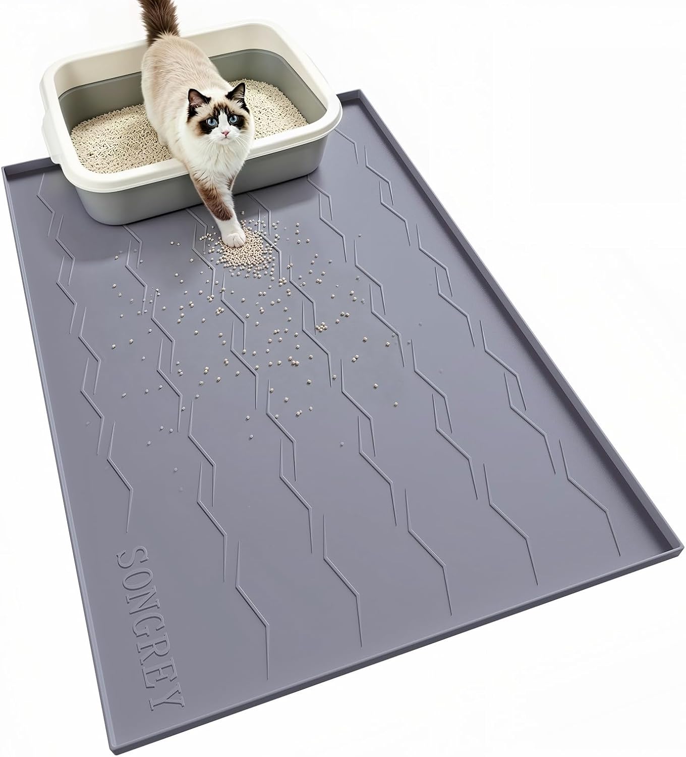Songrey Silicone Cat Litter Mat 34″ x 22″, Large Litter Trapping Mat, Gray