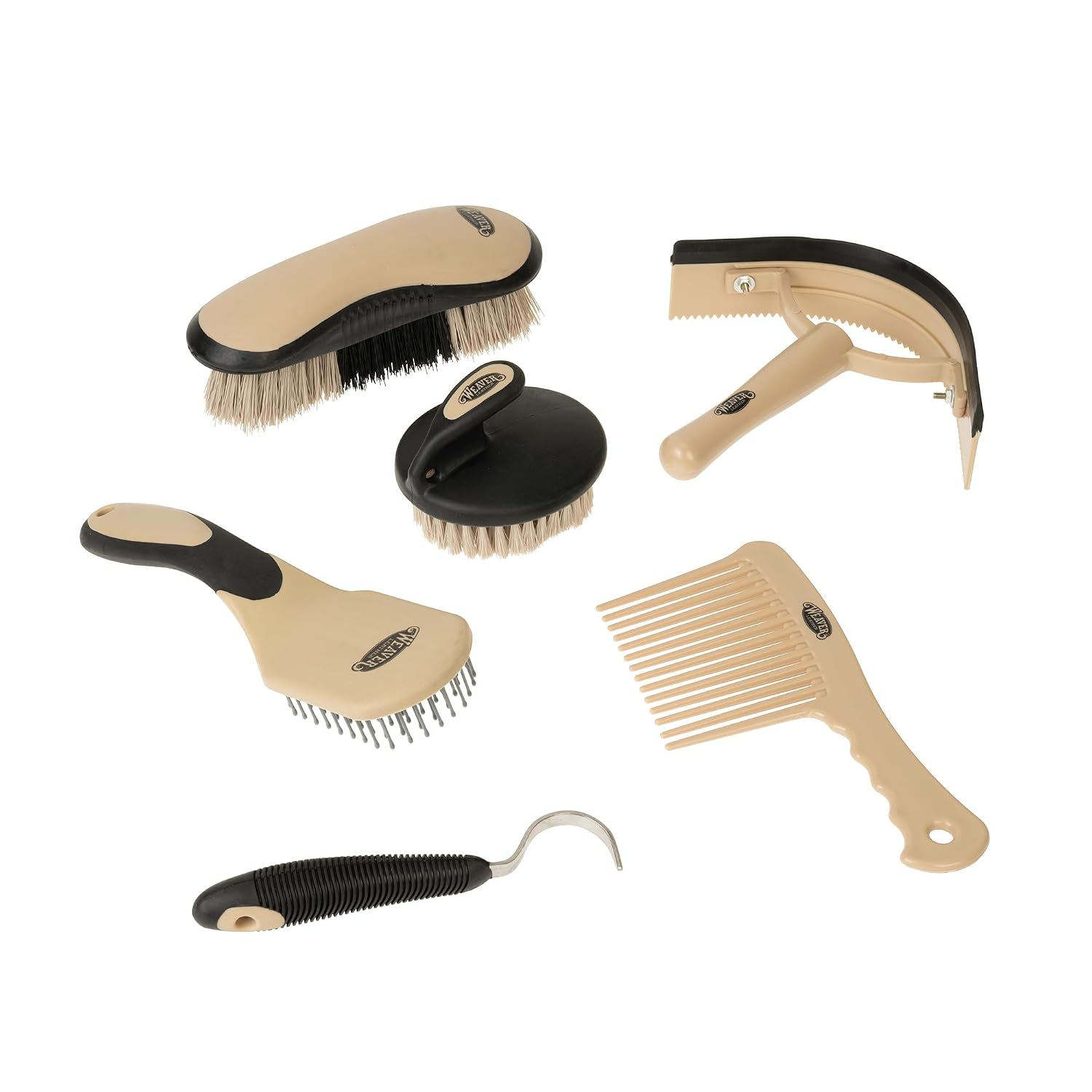 Weaver Equine 6-Piece Horse Grooming Kit, Ergonomic Gentle Horse Care Kit, Equestrian Supplies for Bathing Support, Detangling, and More, Black/Tan