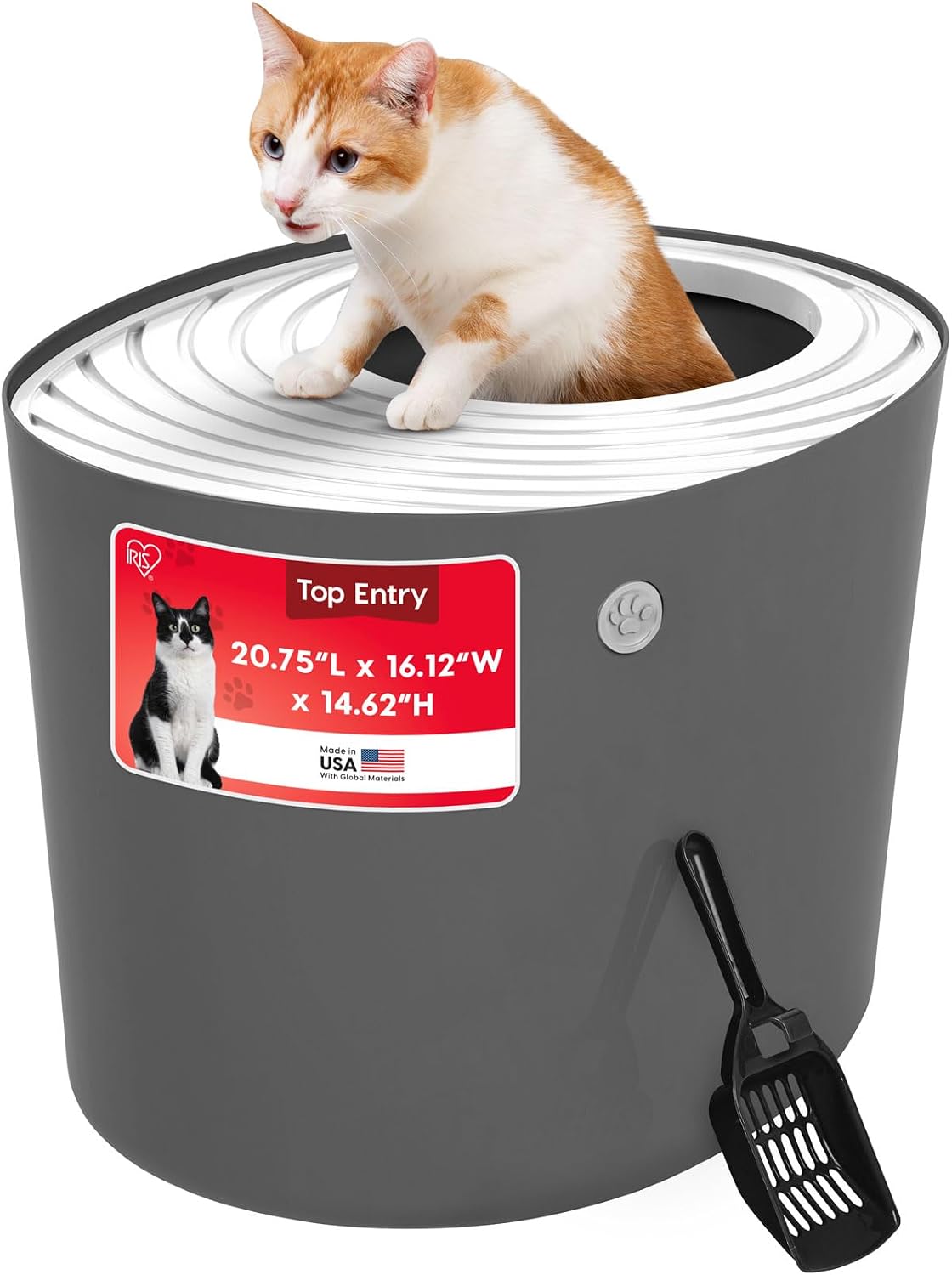IRIS USA Top Entry Cat Litter Box, Hooded Privacy, Large, Dark Gray/White