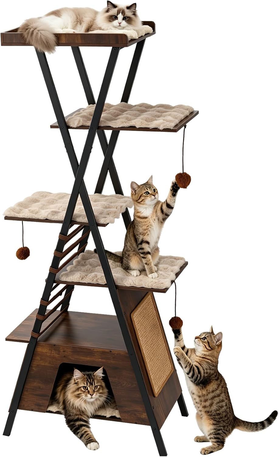 Modern Cat Tree Tower for Indoor Cats, 72.5″ Wooden Cat Furniture with Heavy Duty Metal Frame, Multi-Level Cat Condo with Scratching Board, Removable Pads, Large Perches & Cozy Cat House