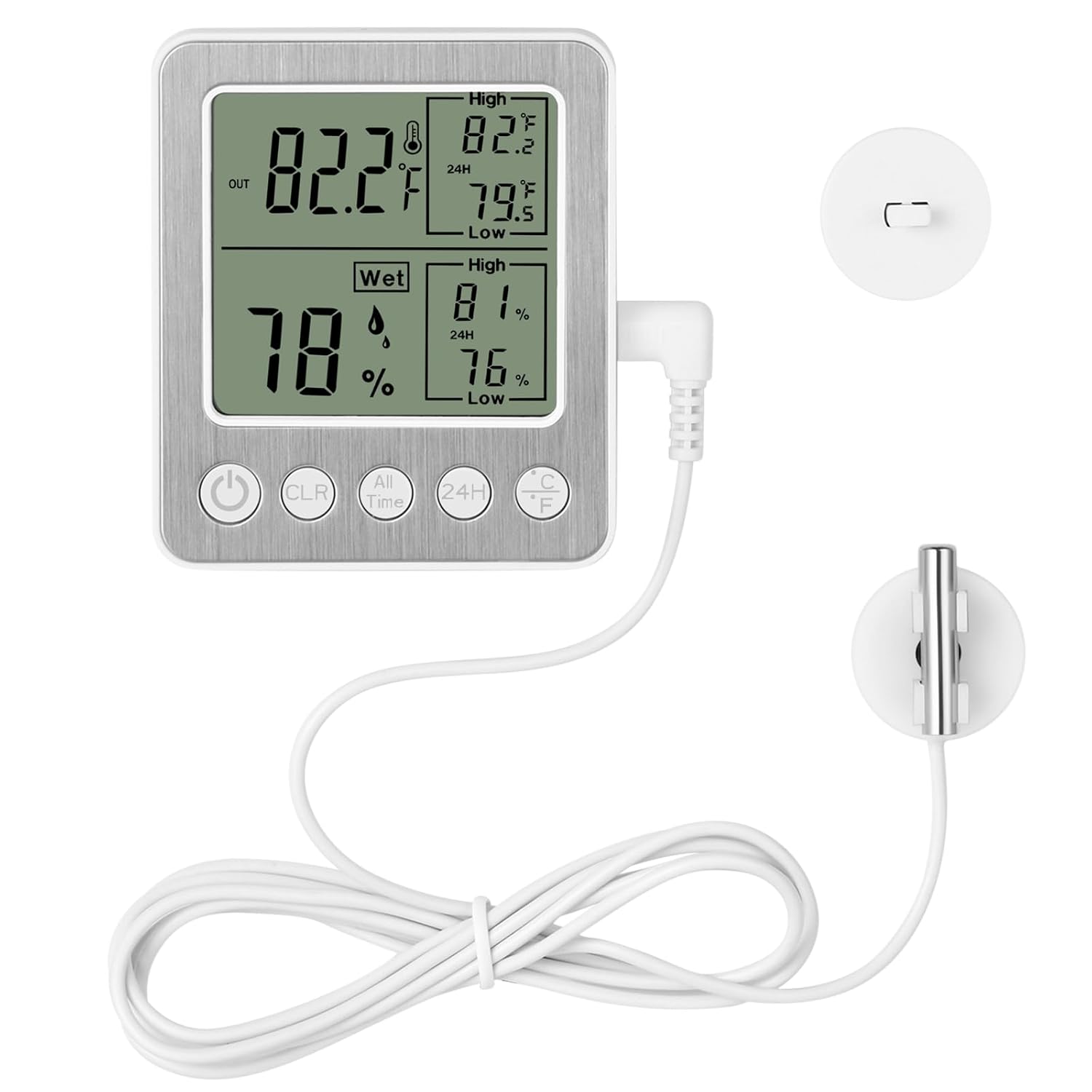 Digital Dual Channel Thermometer Hygrometer, Detachable Temp-Only Probe, 24H & All-Time Min Max Memory Fridge Reptile Tank Wine Cellar Greenhouse Garage Bedroom zz20 White 1 Pack