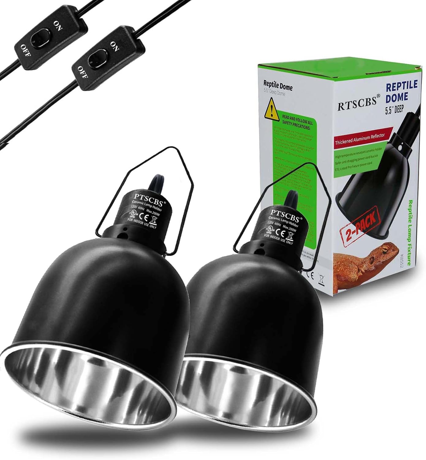 5.5-Inch Reptile Heat Lamp Fixture (2 Packs) Dual-Switch Reptile Light Fixture Reptile Heat lamp Single Fixture Max 200W Power E26