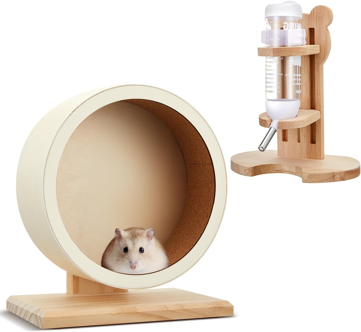7.9 Inch Wooden Silent Hamster Wheel with Water Bottle