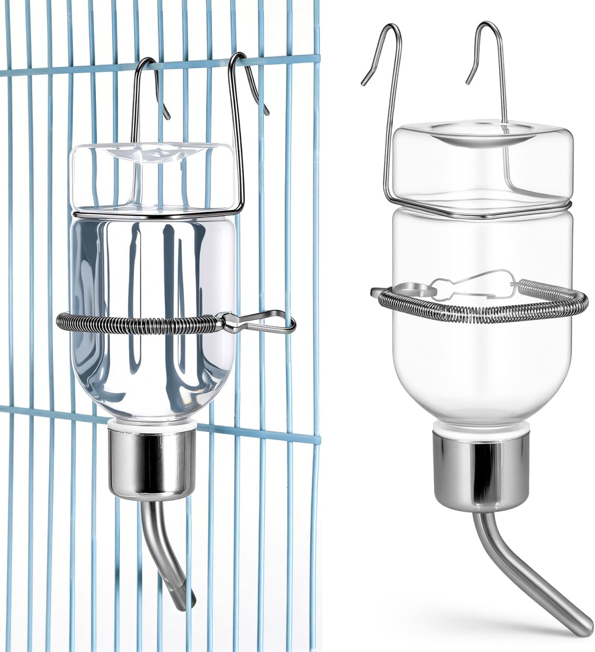 FENICAL No Drip Small Animal Water Bottle, 2pcs Pet Cage Drinking Dispenser Hanging Water Feeder with Spring and Hook, Resuable Leakproof Drink Container for Guinea Pig Hamster Rabbit, 180ml