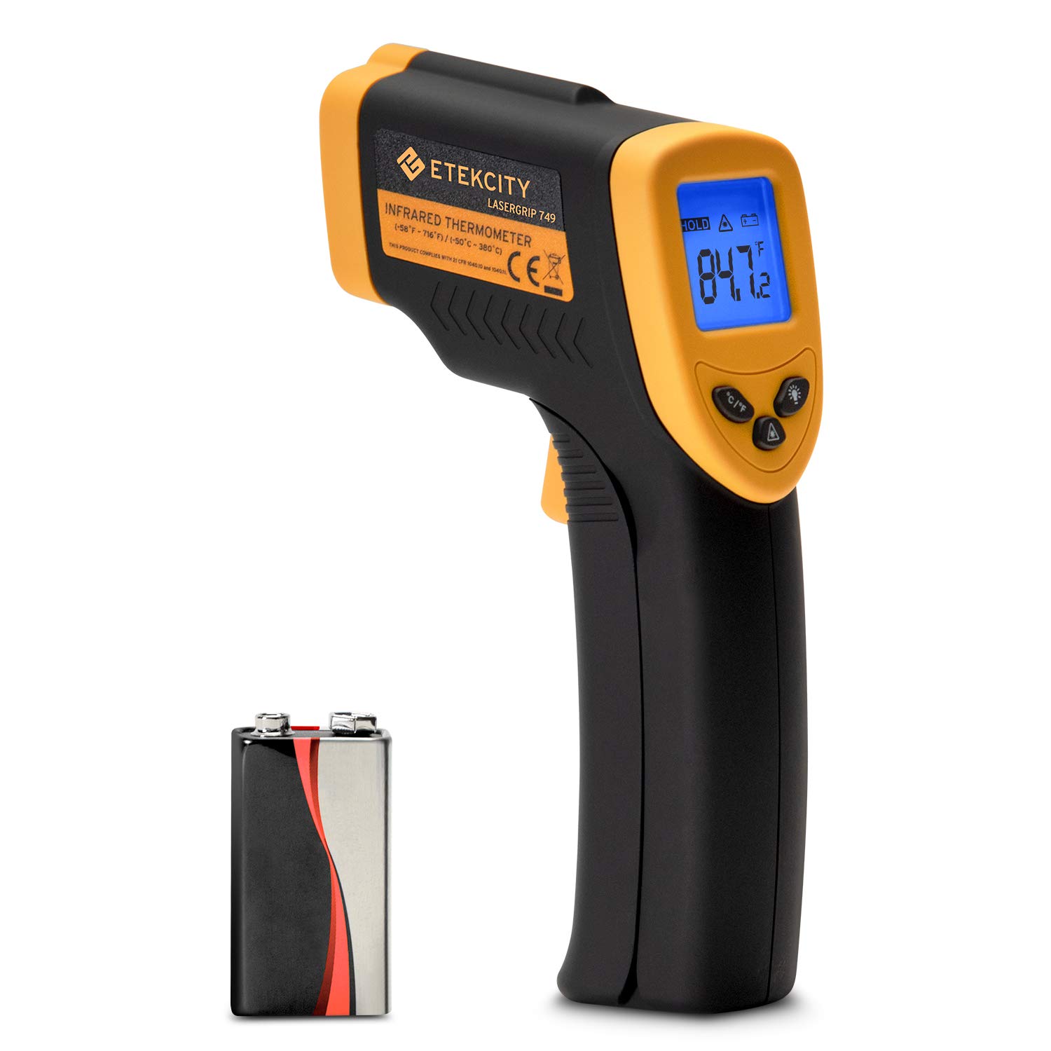 Etekcity Infrared Thermometer 749 (Not for Human) Temperature Gun Non-Contact Digital Lasergrip with LCD Backlit Display, -58℉ to 716℉ (-50℃ to 380℃), Black-Yellow