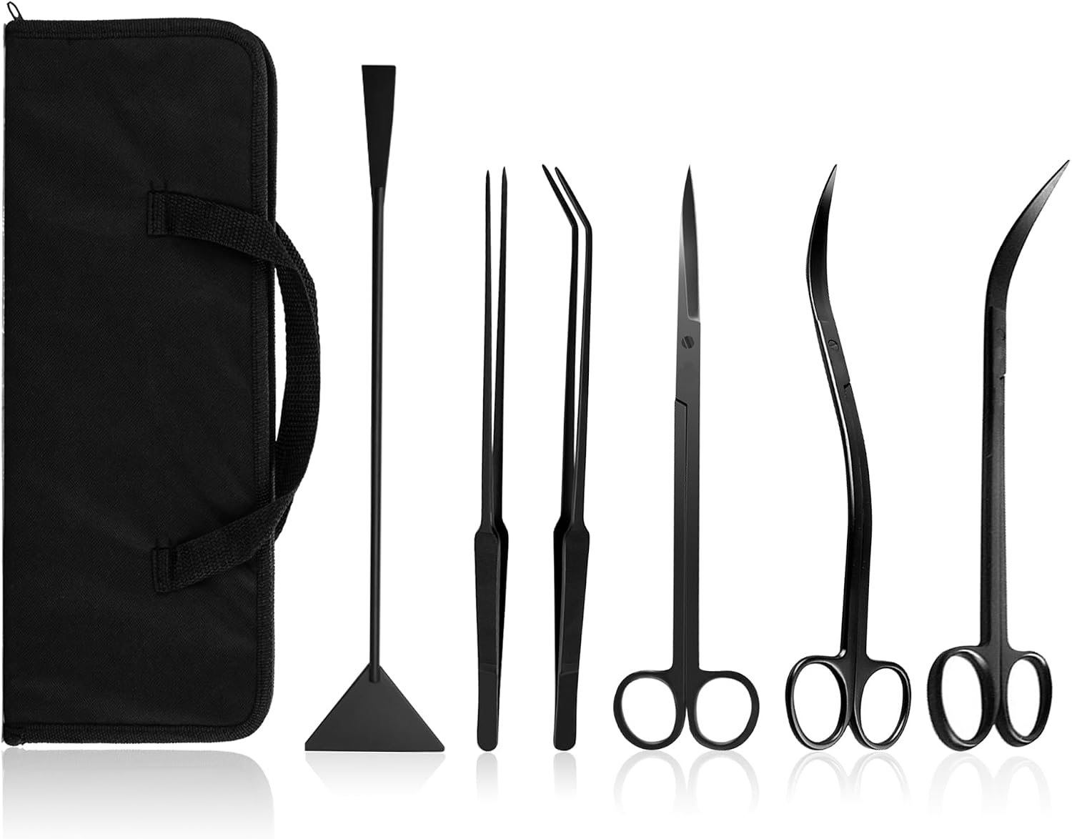 Aquascaping Tools 7 in 1 Kit Aquarium Plant Scissors Tools Set Curved & Waved Scissor Tweezers Spatula Stainless Steel Anti Rust Tools for Aquascape Black