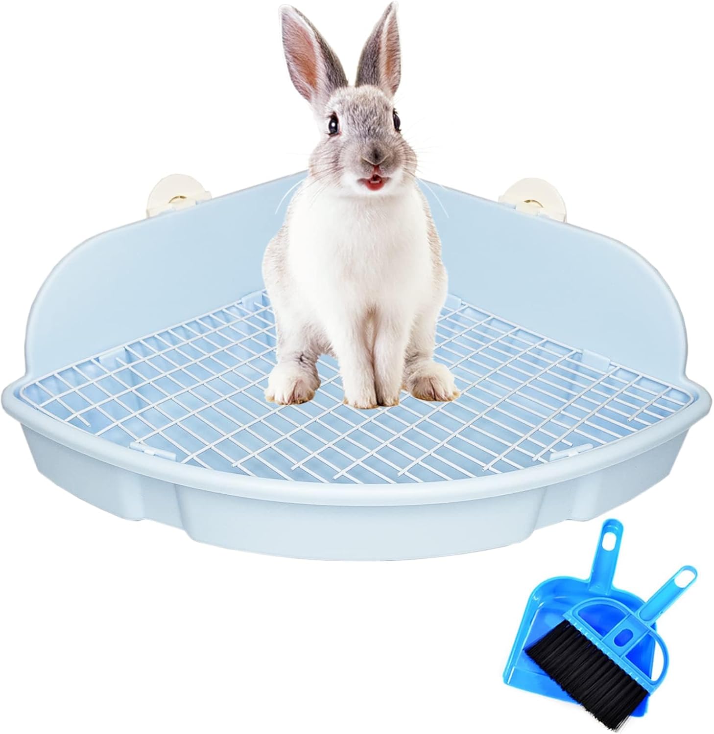 PINVNBY Extra Large Corner Litter Box for Rabbits, Guinea Pigs, Ferrets | 18.3″ Fan-Shaped Potty Trainer with Anti-Spill Guard, Durable Plastic & Cage Clips | Easy-Clean Small Animal Toilet Pan (Blue)