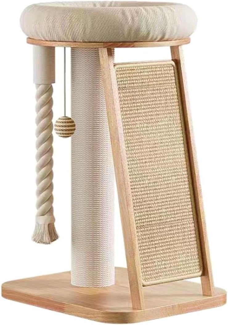 SHENGOCASE Modern Natural Wood Cute Multifunctional Cat Tree Tower Small, Large Top Perch Bed, Sisal Scratching Post, Tilted Angled Ramp Scratcher, Climbing Rope Toy