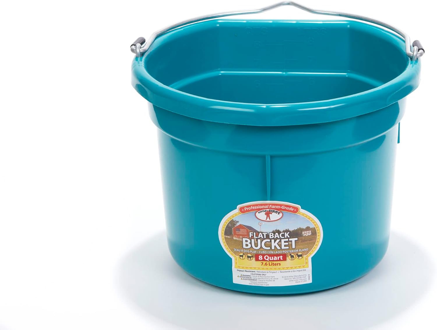 Little Giant® Flat Back Plastic Animal Feed Bucket | Animal Water and Feed Bucket with Metal Handle | 8 Quarts | Teal