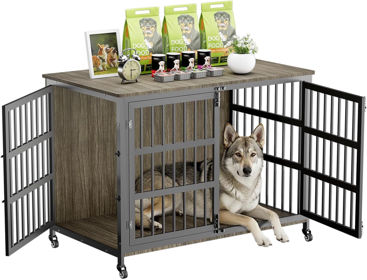 46″ Dog Crate Furniture with Wheels, XXL Heavy Duty Dog Kennel Indoor for XL Dogs, Metal Chew-Proof Dog Cage, 45.7″ L x 27.6″ W x 31.5″ H, Decorate House as TV Stand, End Table — Grey