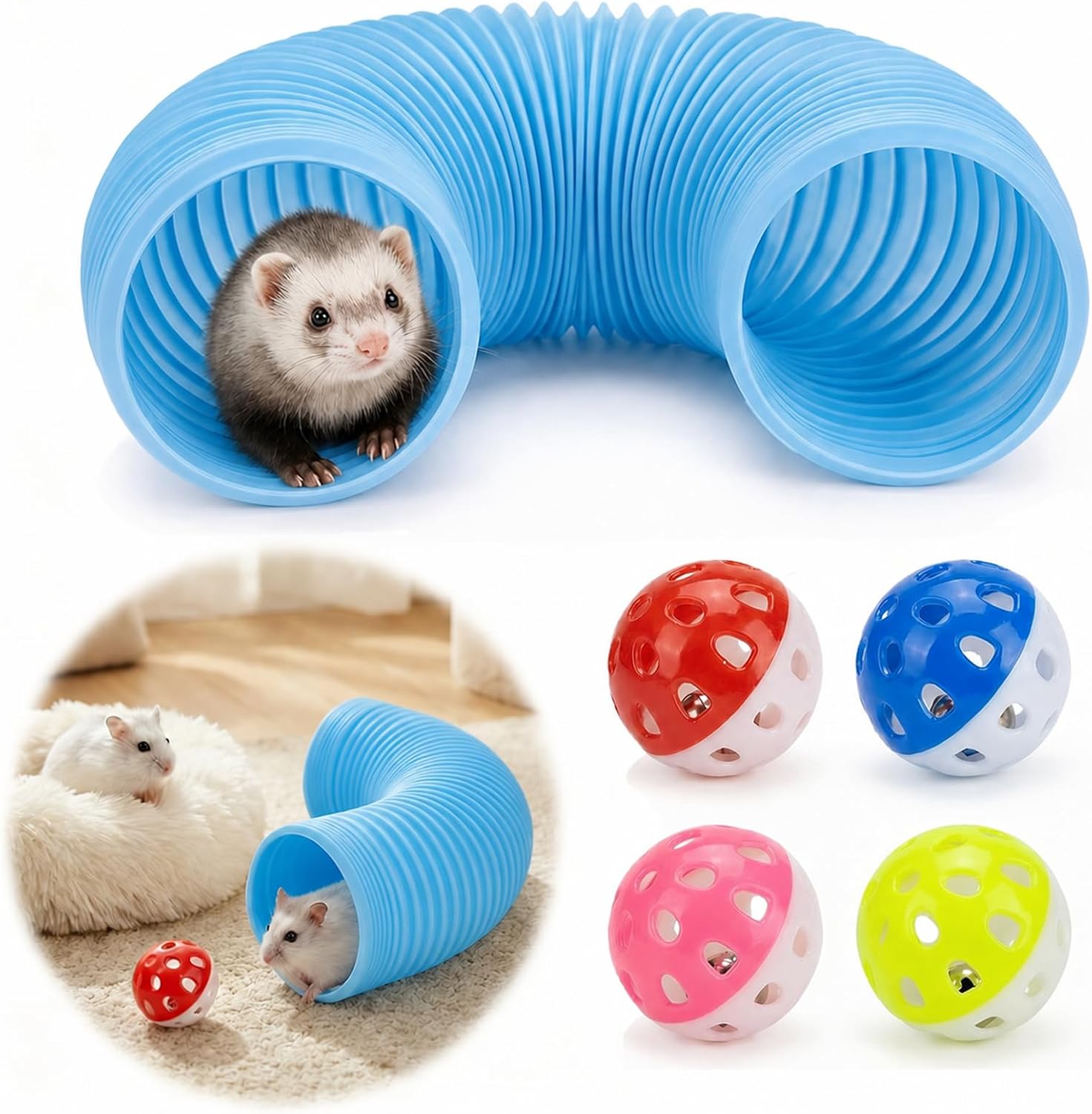 1 Pack Ferret Tubes & Tunnels with 4 Bell Balls, 3.9 in Wide, Blue