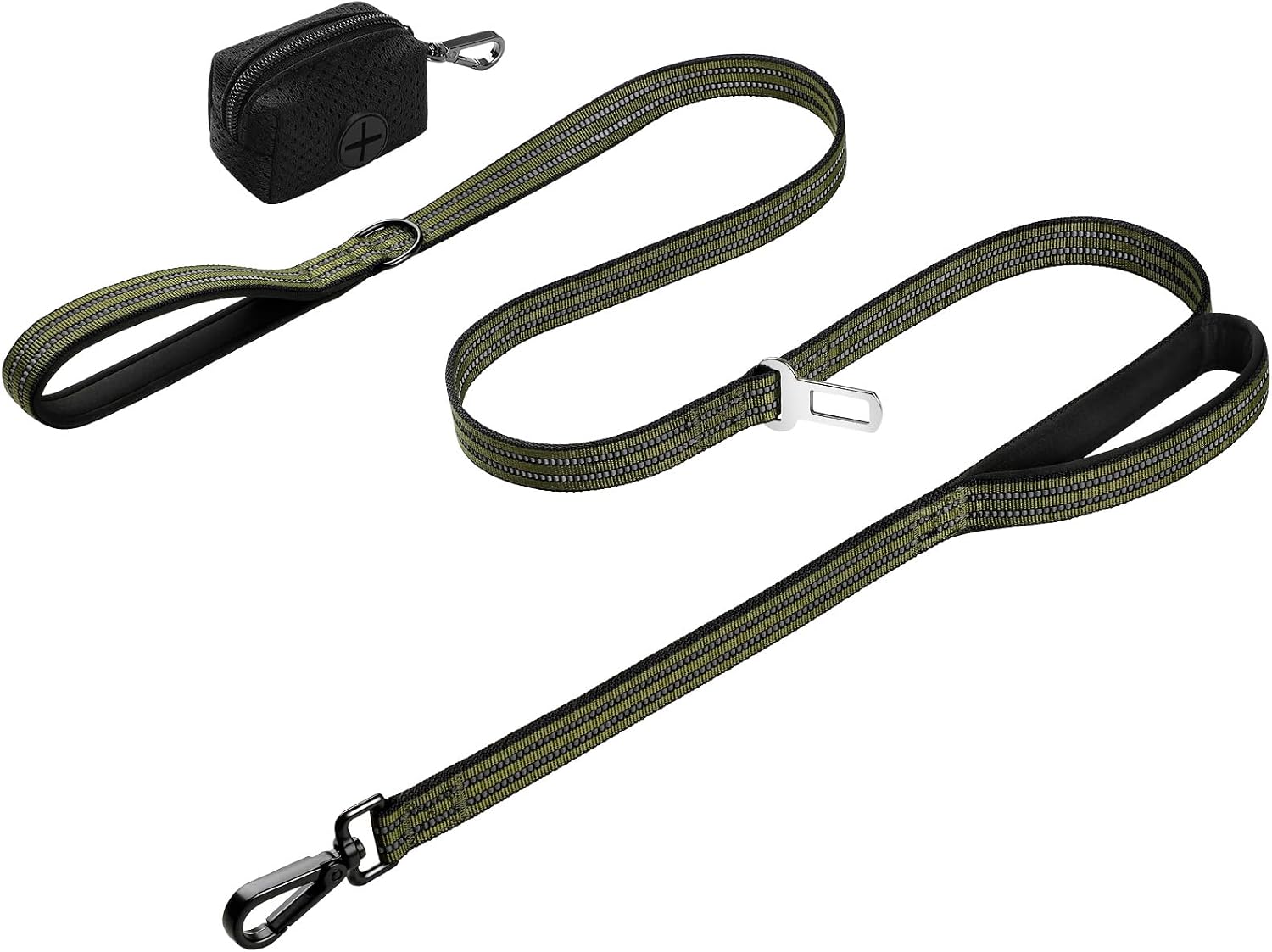 Double Handle Dog Leash with Poop Bag Holder and Car Seat Belt Buckle
