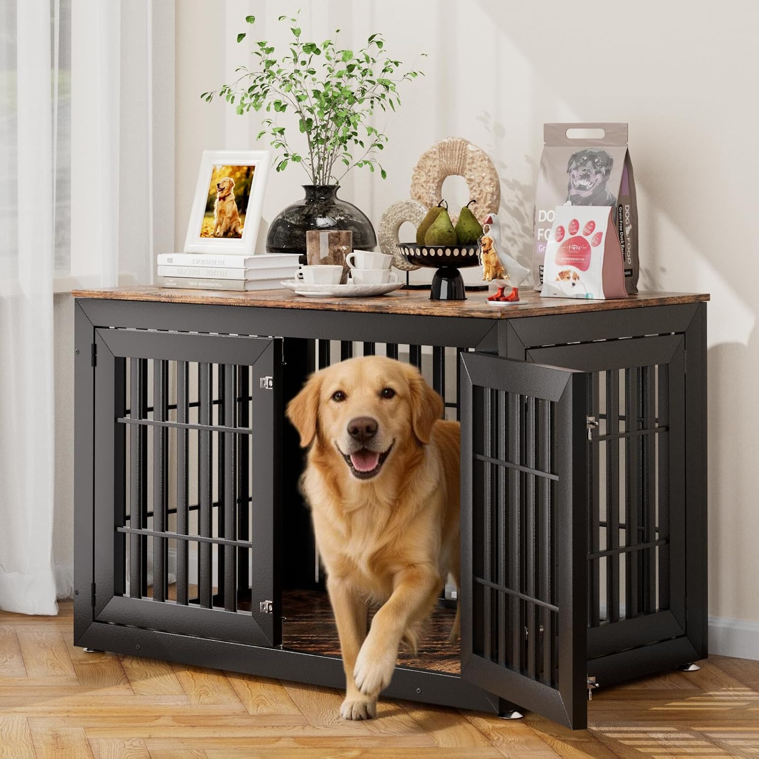 Snuowu 48″ Heavy-Duty Dog Crate Furniture for Large Dogs, XXL Wooden Dog Cage Kennel Indoor Furniture, Decorative Pet House End Table, Black & Wood