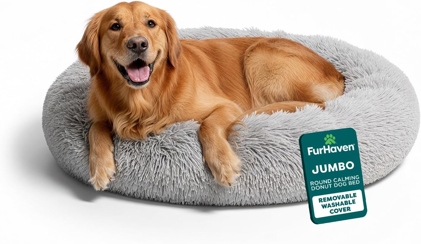 FurHaven 45″ Calming Donut Dog Bed for Large Dogs, Round Plush Donut with Soft Filling for Snuggling Comfort, Removable Washable Cover, Jumbo XL, Shaggy Faux Fur, Mist Gray